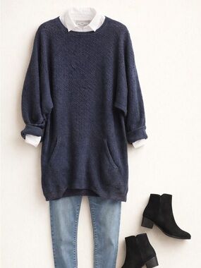 Micaela Greg Wool Tunic Sweater Blue Oversized Knit Pockets S/M